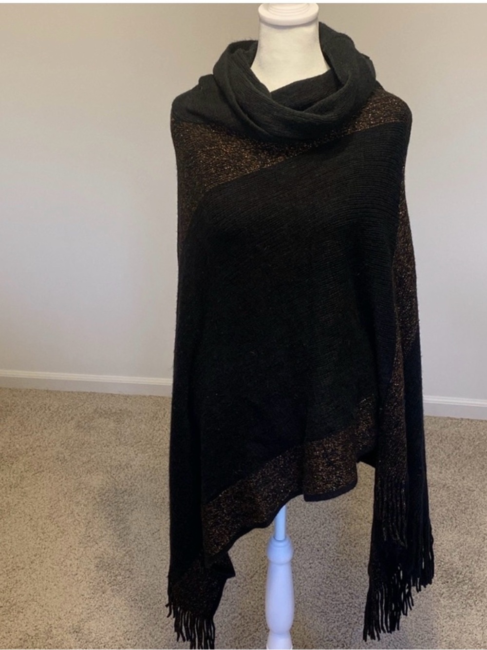Black Fringe Poncho One Size | Boho Layering Wrap